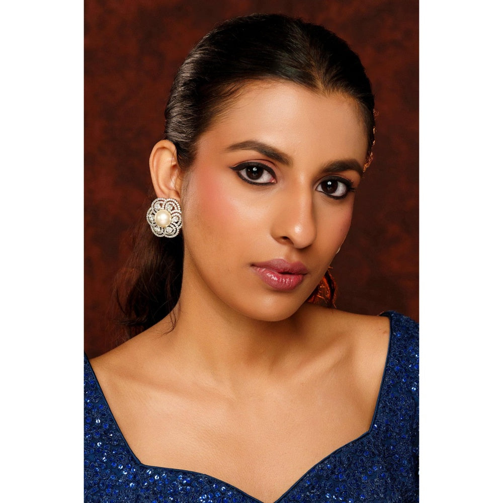 Zevar By Geeta Faye Floral Diamond Pearl Studs