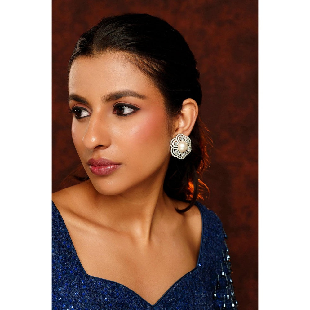 Zevar By Geeta Faye Floral Diamond Pearl Studs