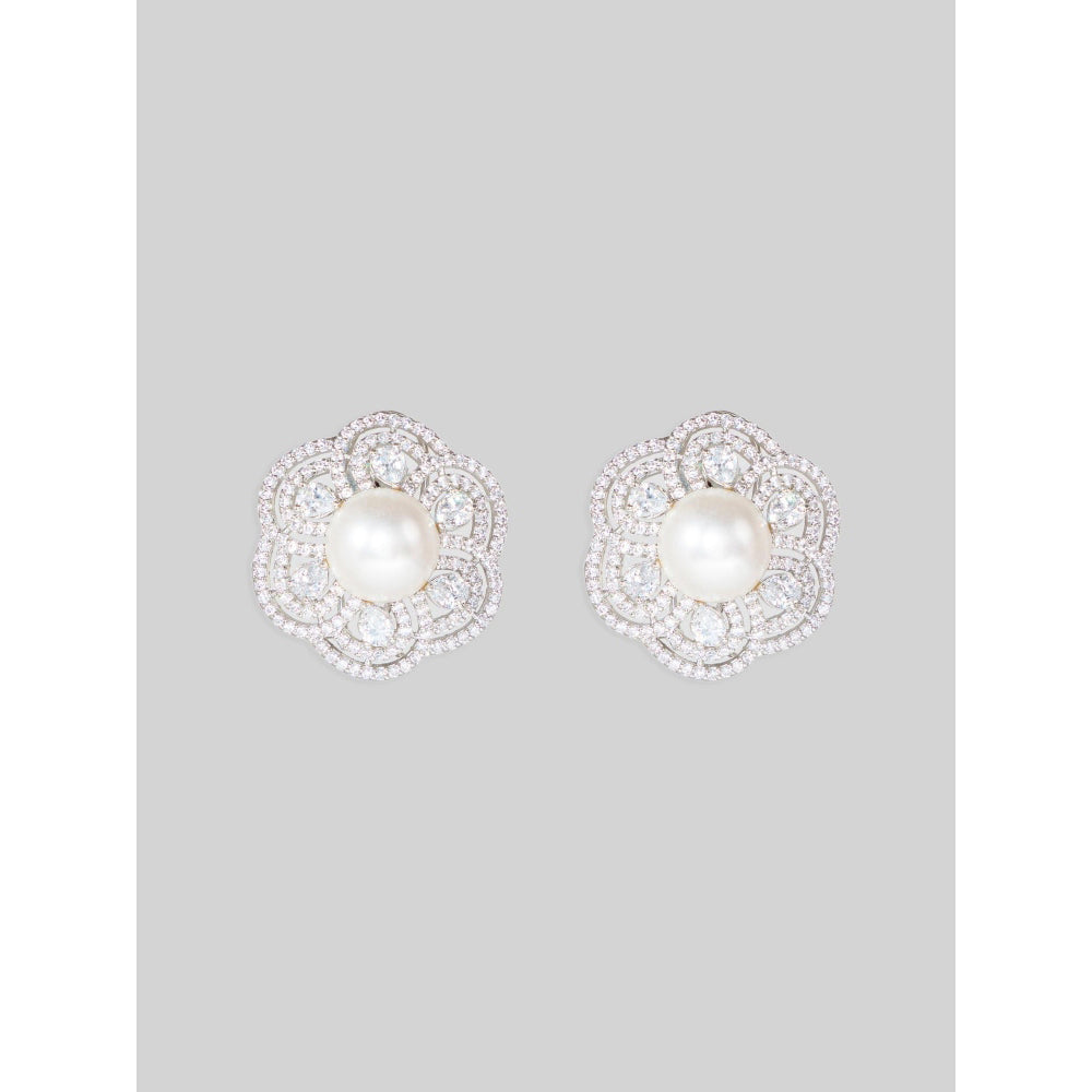 Zevar By Geeta Faye Floral Diamond Pearl Studs