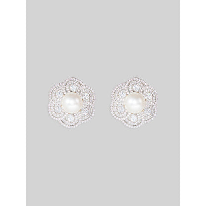 Zevar By Geeta Faye Floral Diamond Pearl Studs