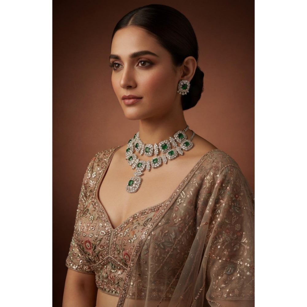Zevar By Geeta Diana Diamond Green Necklace with Pair Of Earrings