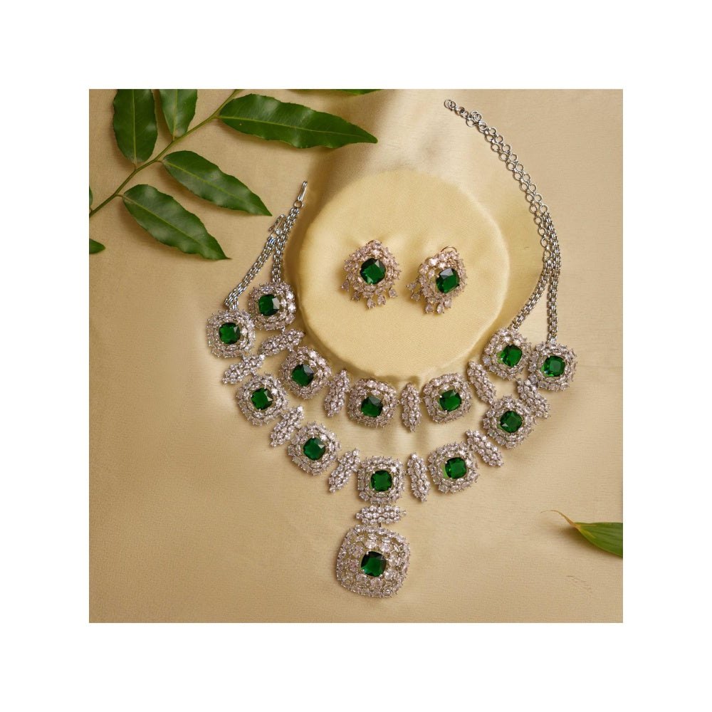 Zevar By Geeta Diana Diamond Green Necklace with Pair Of Earrings