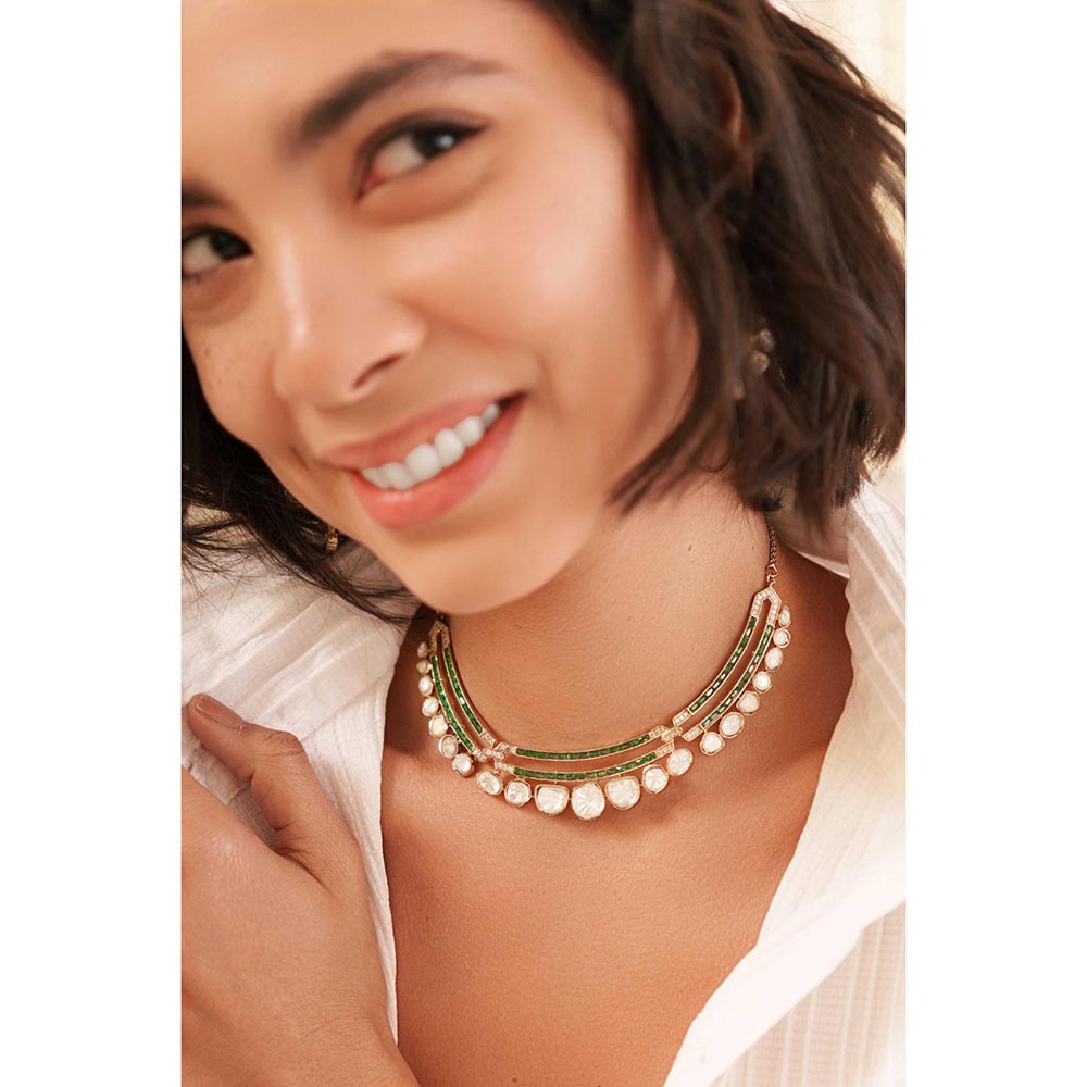 Zevar By Geeta Damaya Moissanite Green Necklace with Pair Of Earrings