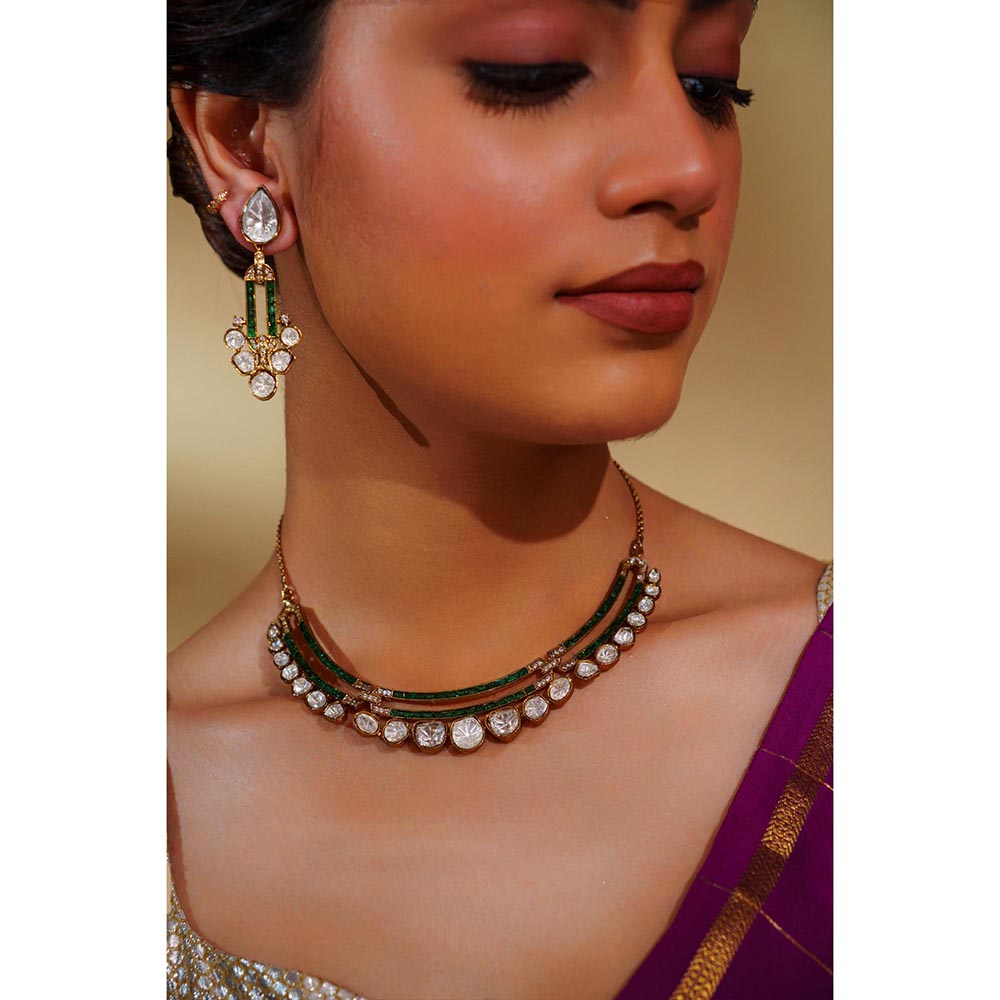 Zevar By Geeta Damaya Moissanite Green Necklace with Pair Of Earrings