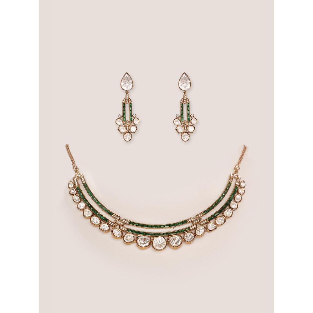 Zevar By Geeta Damaya Moissanite Green Necklace with Pair Of Earrings