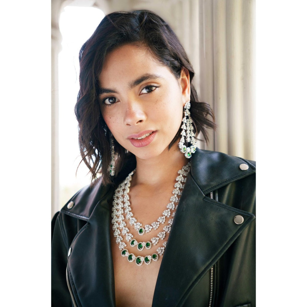 Zevar By Geeta Falak Diamond Green Necklace with Pair Of Earrings