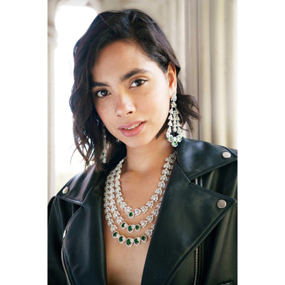 Zevar By Geeta Falak Diamond Green Necklace with Pair Of Earrings
