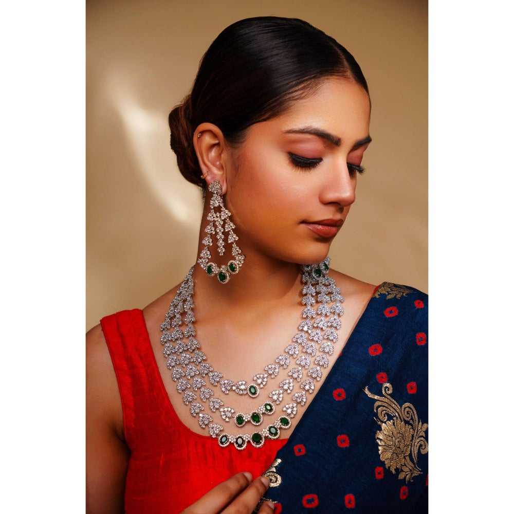 Zevar By Geeta Falak Diamond Green Necklace with Pair Of Earrings