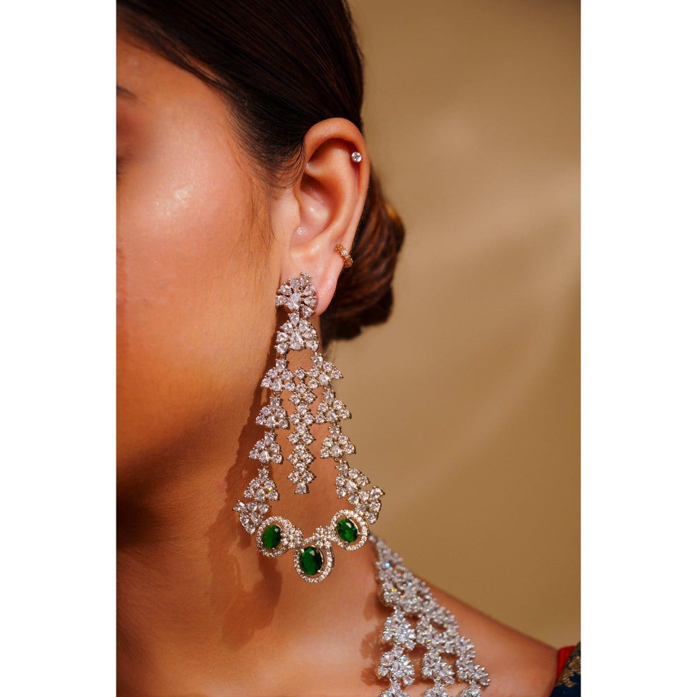 Zevar By Geeta Falak Diamond Green Necklace with Pair Of Earrings