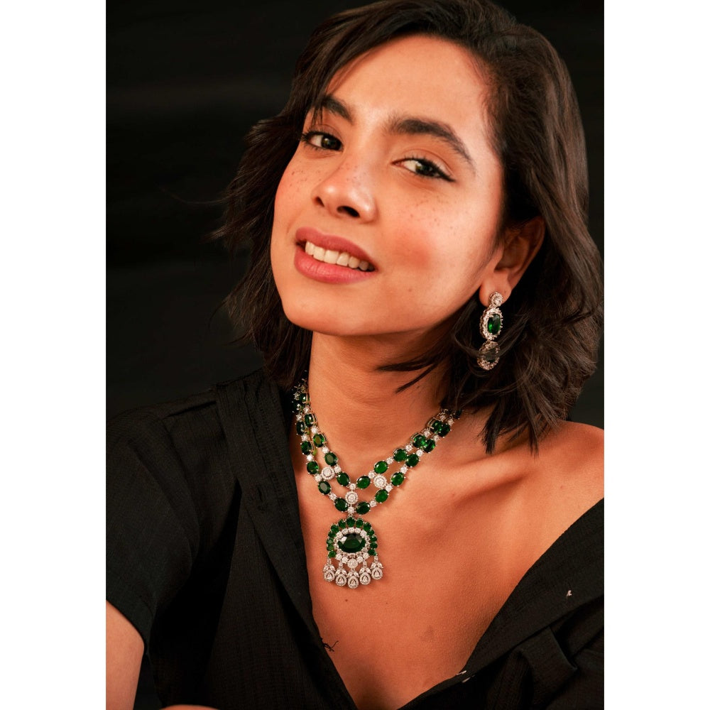 Zevar By Geeta Alyssa Diamond Green Necklace with Pair Of Earrings