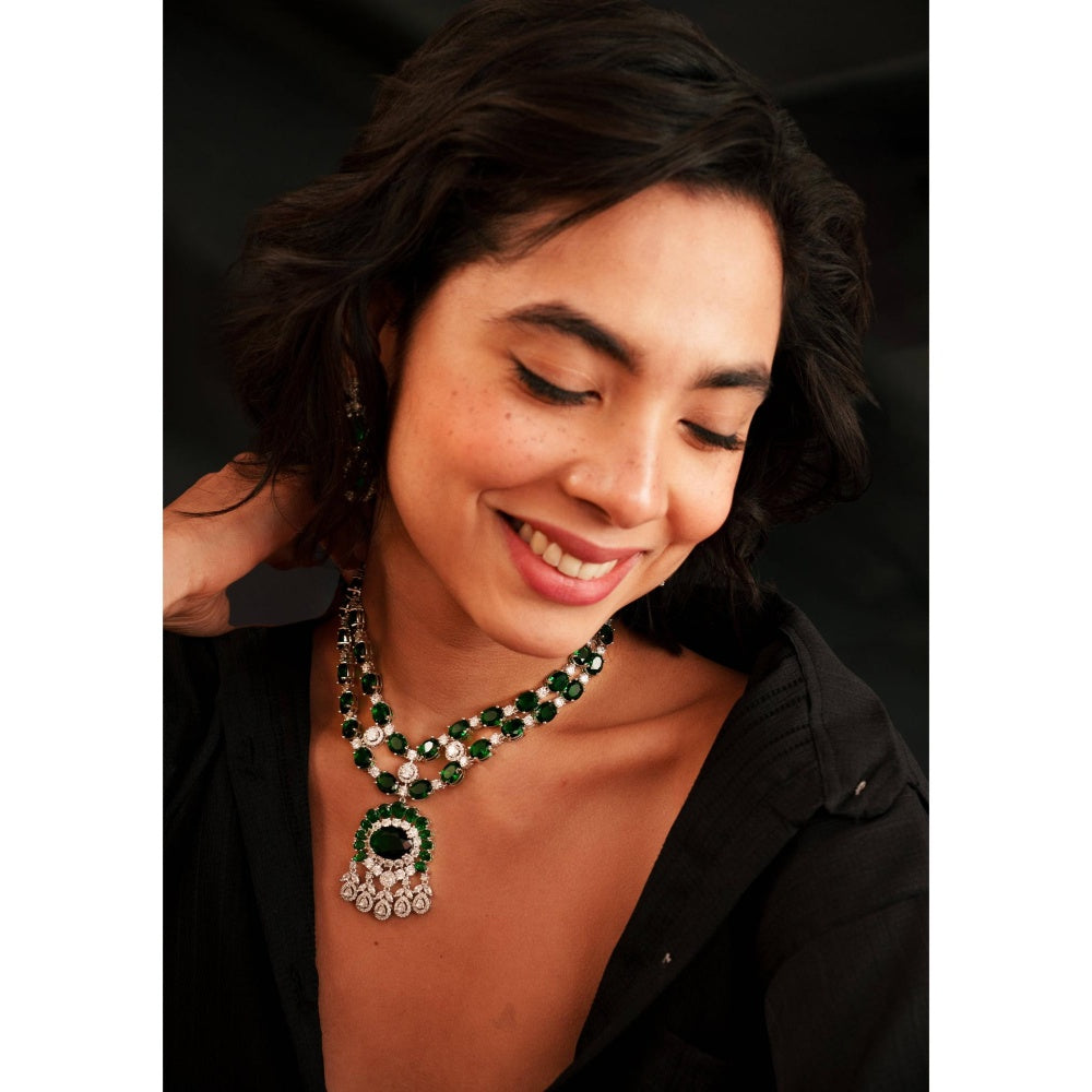 Zevar By Geeta Alyssa Diamond Green Necklace with Pair Of Earrings