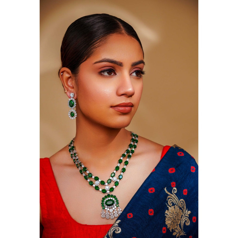 Zevar By Geeta Alyssa Diamond Green Necklace with Pair Of Earrings