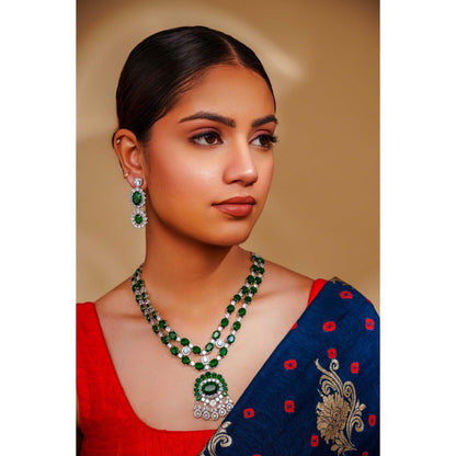 Zevar By Geeta Alyssa Diamond Green Necklace with Pair Of Earrings