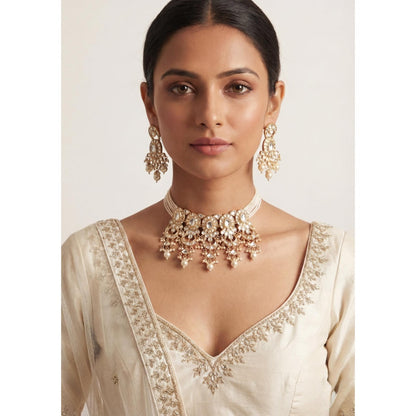 Zevar By Geeta Ameyaa Kundan White Choker with Pair Of Earrings