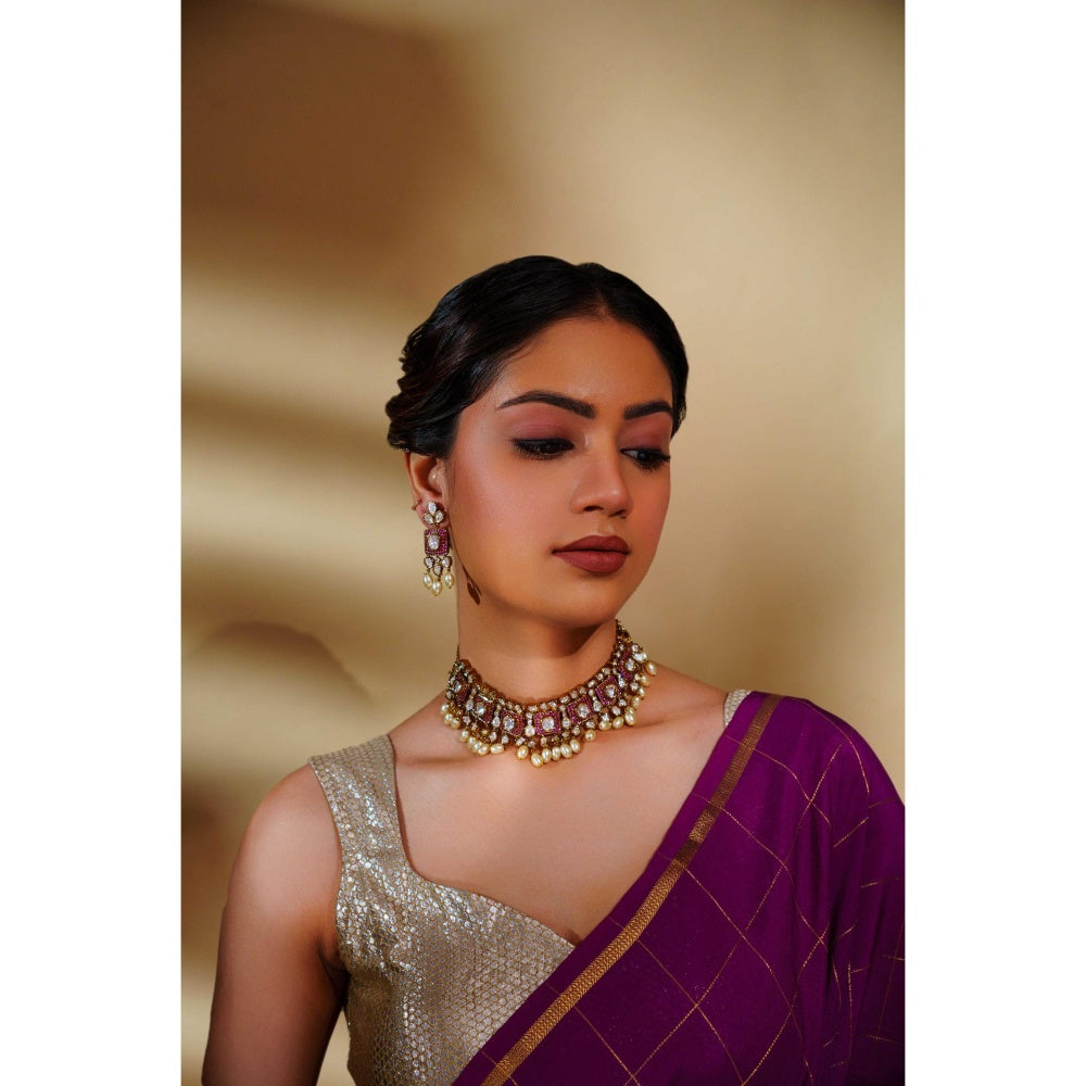 Zevar By Geeta Arunika Pink Polki Choker with Pair Of Earrings
