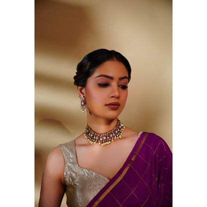 Zevar By Geeta Arunika Pink Polki Choker with Pair Of Earrings
