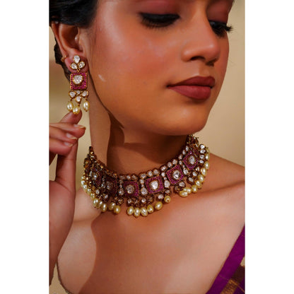 Zevar By Geeta Arunika Pink Polki Choker with Pair Of Earrings