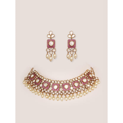 Zevar By Geeta Arunika Pink Polki Choker with Pair Of Earrings