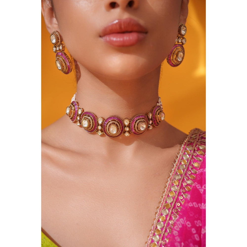Zevar By Geeta Tarisha Pink Polki Choker with Pair Of Earrings