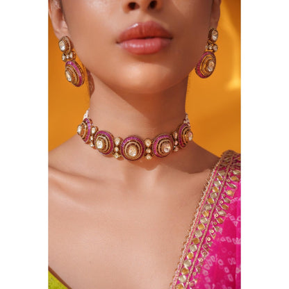 Zevar By Geeta Tarisha Pink Polki Choker with Pair Of Earrings