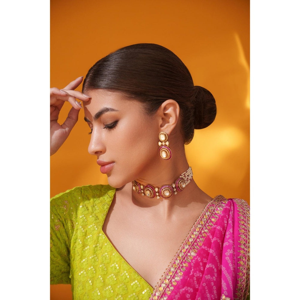 Zevar By Geeta Tarisha Pink Polki Choker with Pair Of Earrings