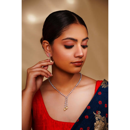 Zevar By Geeta White Naisha Diamond Necklace with Pair Of Earrings