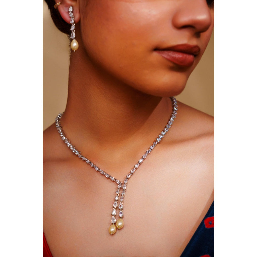 Zevar By Geeta White Naisha Diamond Necklace with Pair Of Earrings