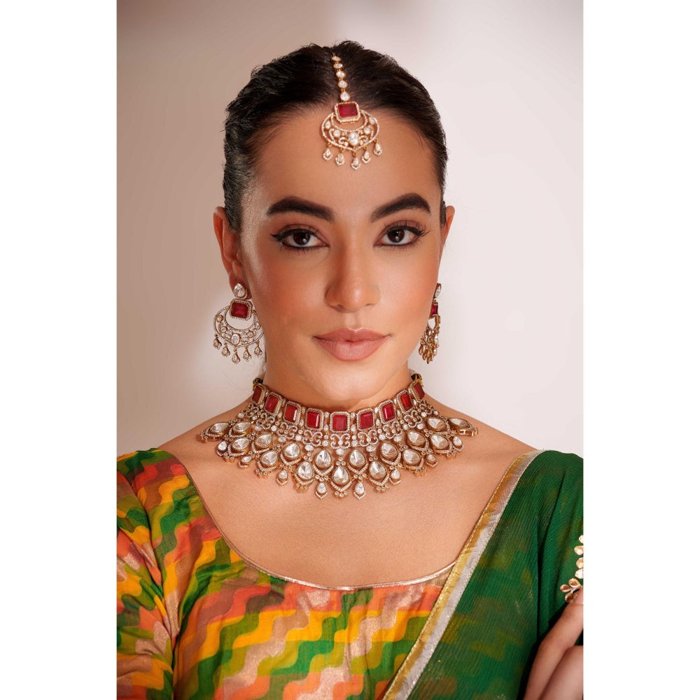 Zevar By Geeta Zubaida Red Polki Necklace with Pair Of Earrings and Maang Tikka