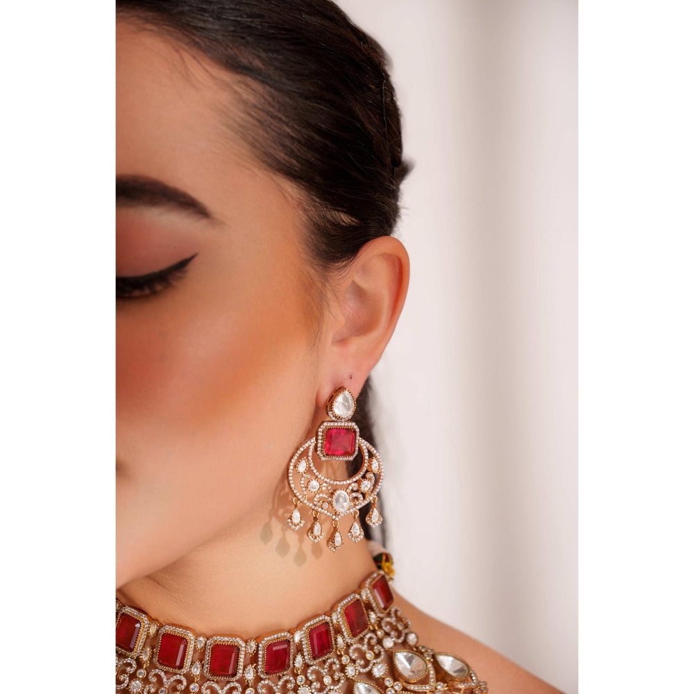 Zevar By Geeta Zubaida Red Polki Necklace with Pair Of Earrings and Maang Tikka