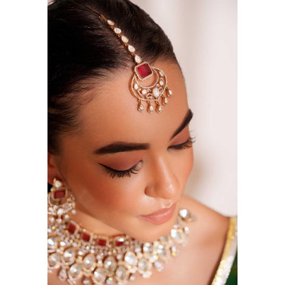 Zevar By Geeta Zubaida Red Polki Necklace with Pair Of Earrings and Maang Tikka