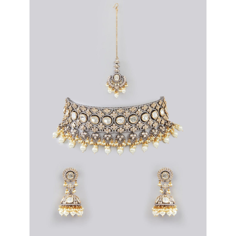 Zevar By Geeta Blue Mihika Pearl Kundan Necklace with Pair Of Earrings and Maang Tikka