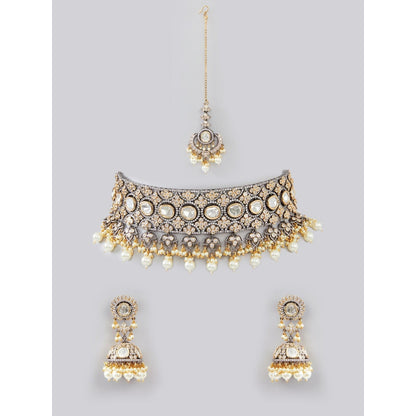 Zevar By Geeta Blue Mihika Pearl Kundan Necklace with Pair Of Earrings and Maang Tikka