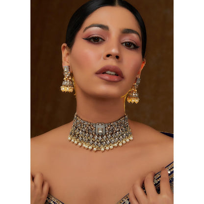 Zevar By Geeta Blue Mohika Pearl Kundan Choker with Pair Of Earrings