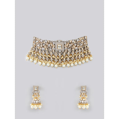 Zevar By Geeta Blue Mohika Pearl Kundan Choker with Pair Of Earrings