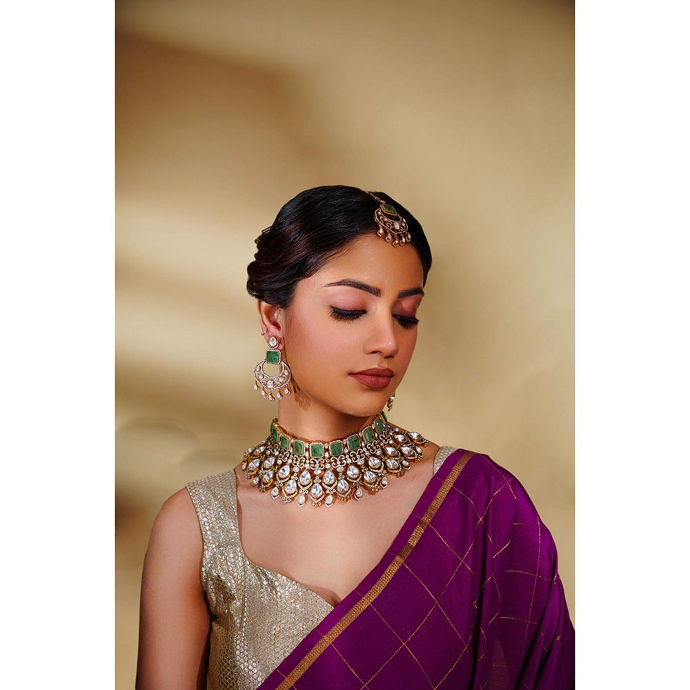 Zevar By Geeta Zubaida Green Polki Necklace with Pair Of Earrings and Maang Tikka