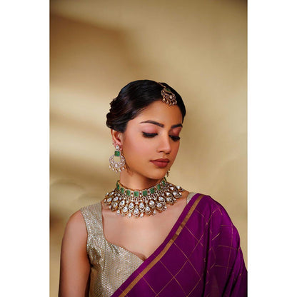 Zevar By Geeta Zubaida Green Polki Necklace with Pair Of Earrings and Maang Tikka