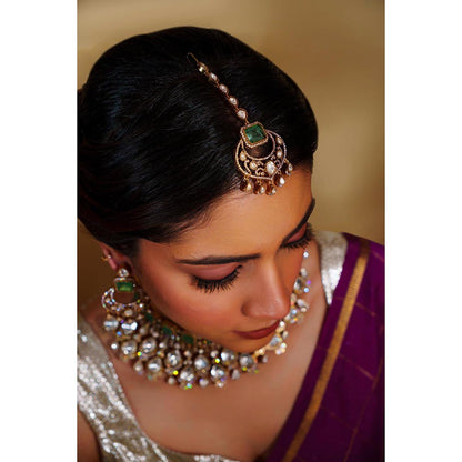 Zevar By Geeta Zubaida Green Polki Necklace with Pair Of Earrings and Maang Tikka