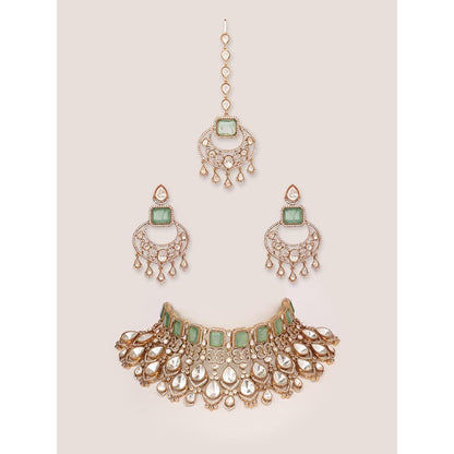 Zevar By Geeta Zubaida Green Polki Necklace with Pair Of Earrings and Maang Tikka