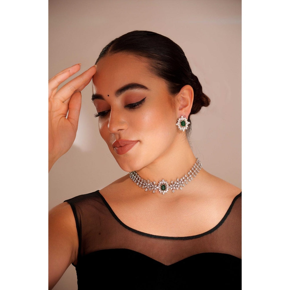 Zevar By Geeta Myra Green Emerald Diamond Choker with Pair Of Earrings