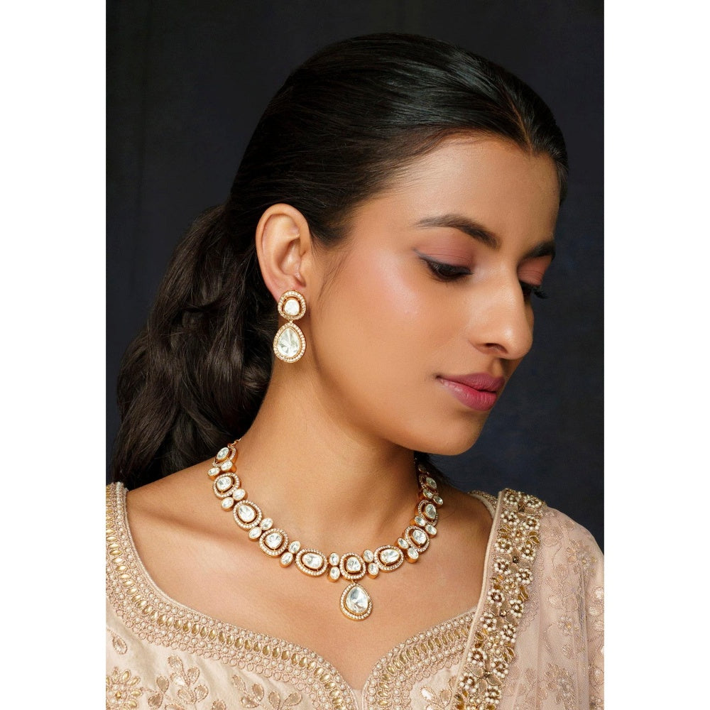 Zevar By Geeta Gold Rabiya Moissanite Necklace with Pair Of Earrings