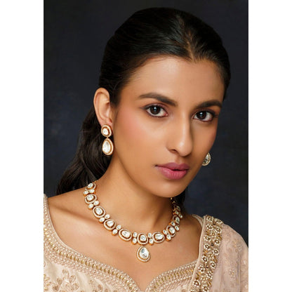 Zevar By Geeta Gold Rabiya Moissanite Necklace with Pair Of Earrings