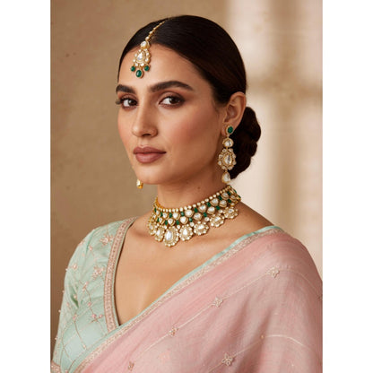 Zevar By Geeta Keyara Green Moissanite Necklace with Pair Of Earrings and Maang Tikka