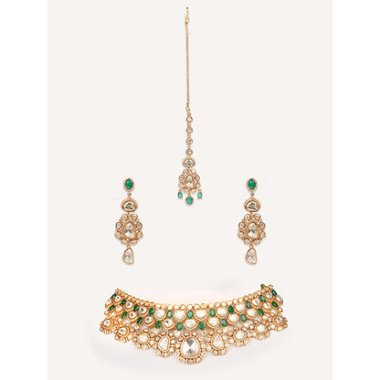 Zevar By Geeta Keyara Green Moissanite Necklace with Pair Of Earrings and Maang Tikka