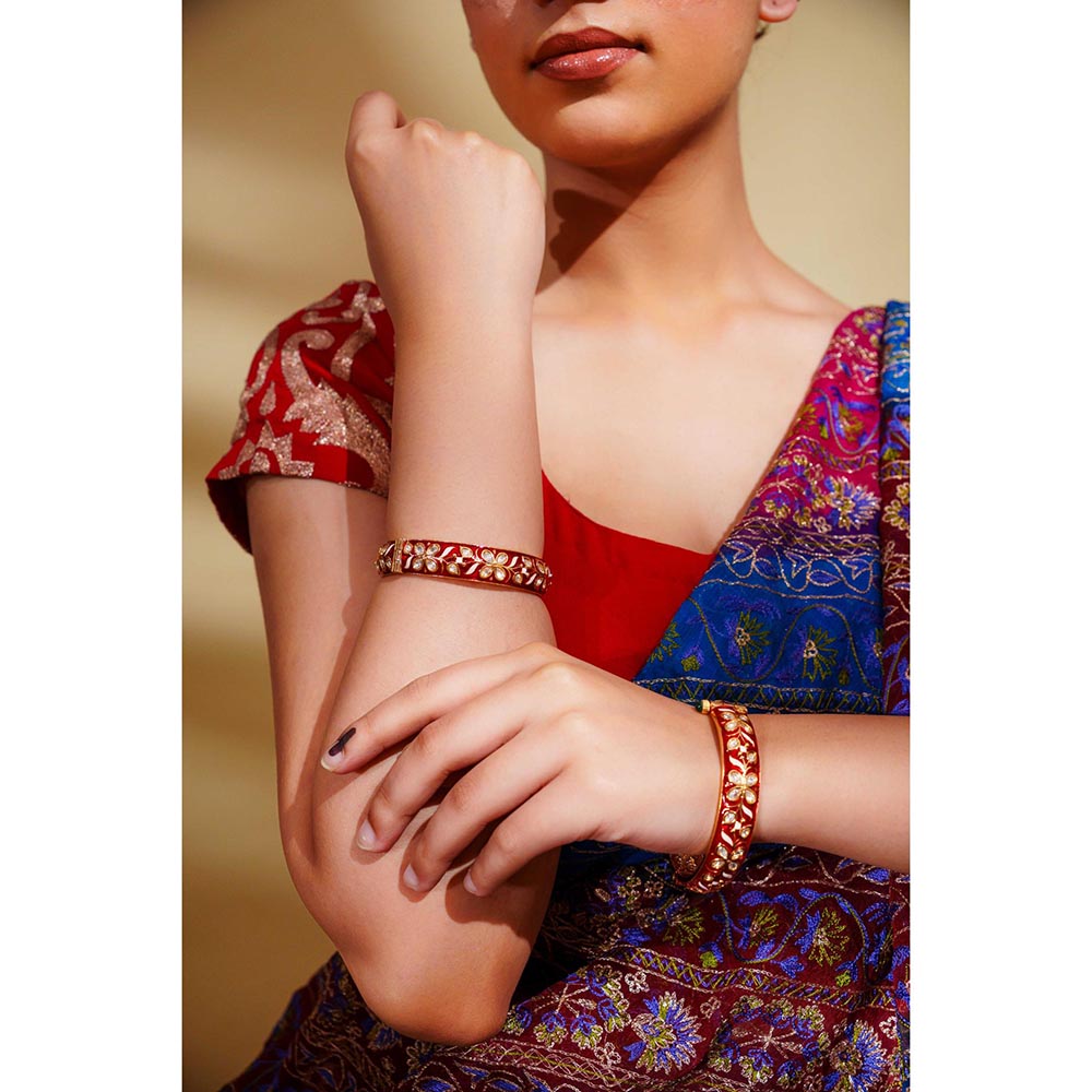 Zevar By Geeta Golden Femina Red Kundan Meenakari Bangles