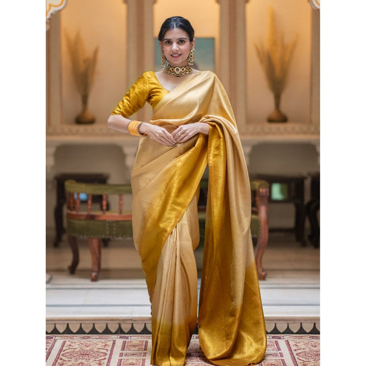 ZILIKAA Ivory Golden Kanjeevaram Silk Saree with Unstitched Blouse