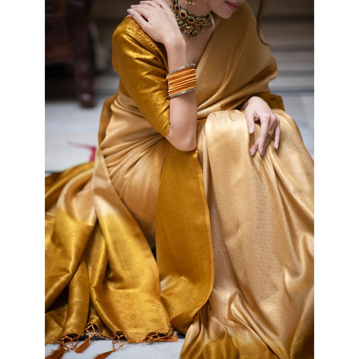 ZILIKAA Ivory Golden Kanjeevaram Silk Saree with Unstitched Blouse
