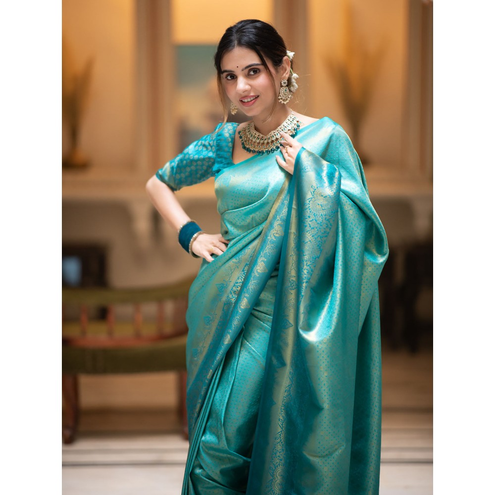 ZILIKAA Tiffany Blue Kanjeevaram Silk Saree with Unstitched Blouse