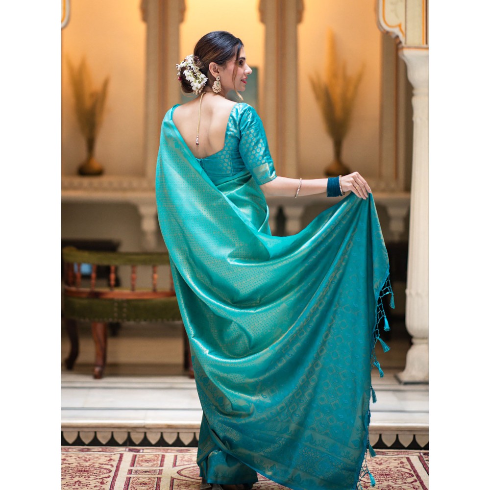 ZILIKAA Tiffany Blue Kanjeevaram Silk Saree with Unstitched Blouse