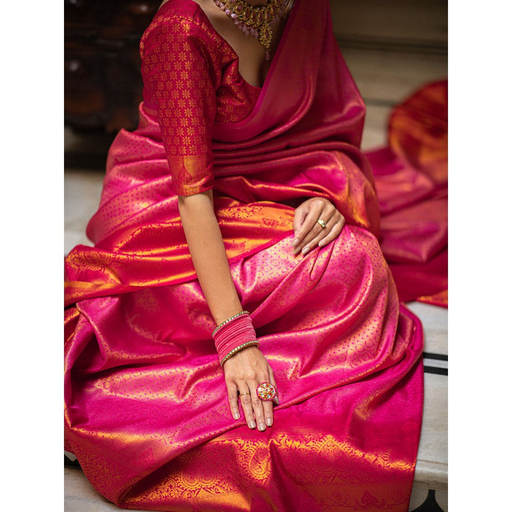 ZILIKAA Fuchsia Pink Kanjeevaram Silk Saree with Unstitched Blouse