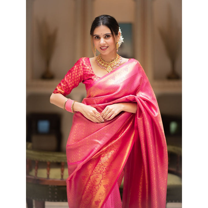 ZILIKAA Fuchsia Pink Kanjeevaram Silk Saree with Unstitched Blouse